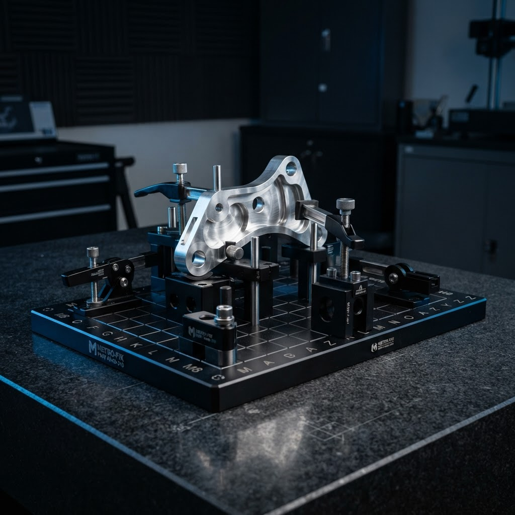 Bespoke modular CMM inspection fixture holding a machined part on a granite surface plate